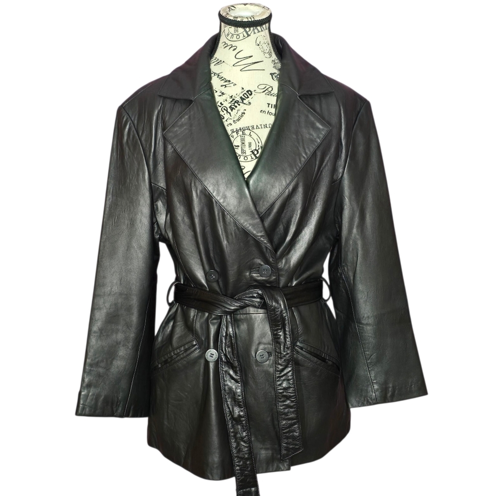 Classic Black Leather Belted Button Front Jacket